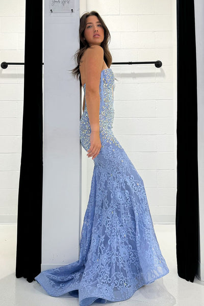 Elegant Mermaid V Neck Dark Blue Lace Long Prom Dresses with Beading AB24111808