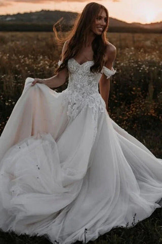 Fashion Bohemian Ball Gown Tulle Wedding Dresses with Appliques AB24102506