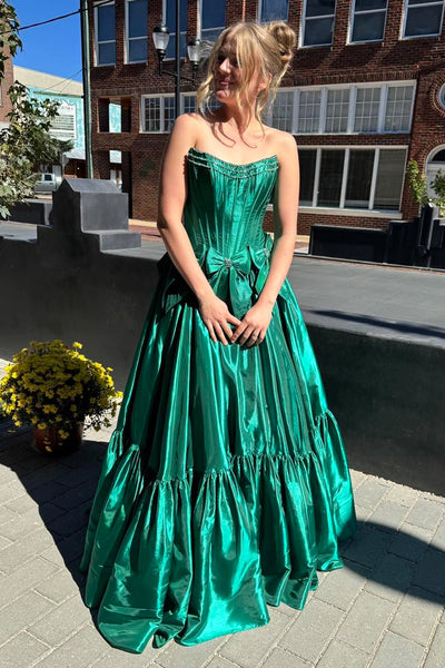 Cute A Line Strapless Dark Green Satin Prom Dresses AB24102803