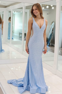 Gorgeous Mermaid V Neck Blue Satin Long Prom Dress with Beading AB25020603