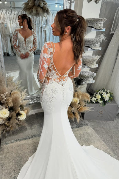 Elegant Mermaid V Neck Stretch Satin Wedding dress with Appliques AB25022307