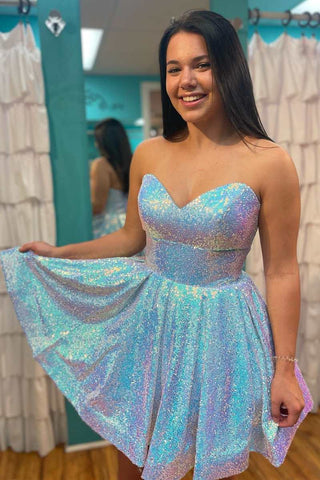 Cute A Line Sweetheart Light Blue Sequins Short Homecoming Dresses ABHC061839