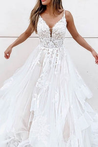 Gorgeous A Line V Neck Tulle Wedding Dresses with Appliques ABWD061813