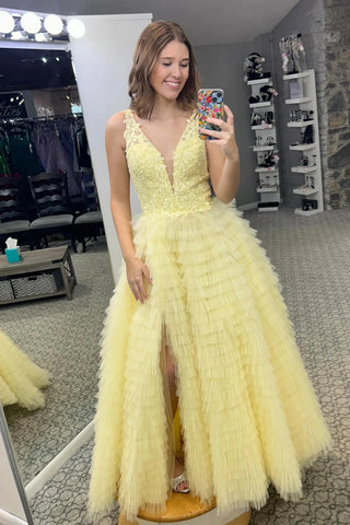 Cute A Line V Neck Daffodil Tulle Long Prom Dress with Slit AB4012004