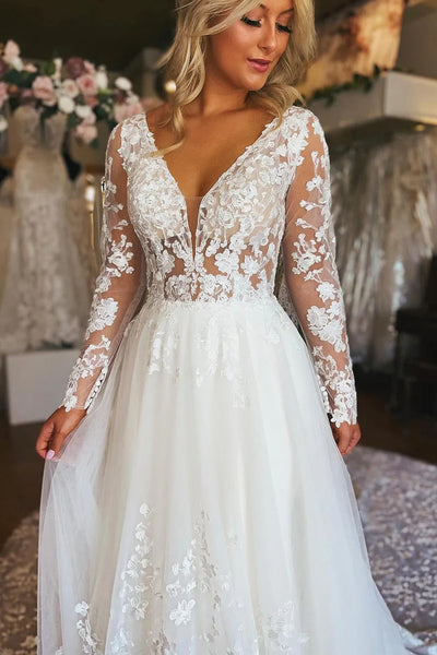 Gorgeous Ball Gown V Neck Lace Wedding Dresses with Long Sleeves AB25020201