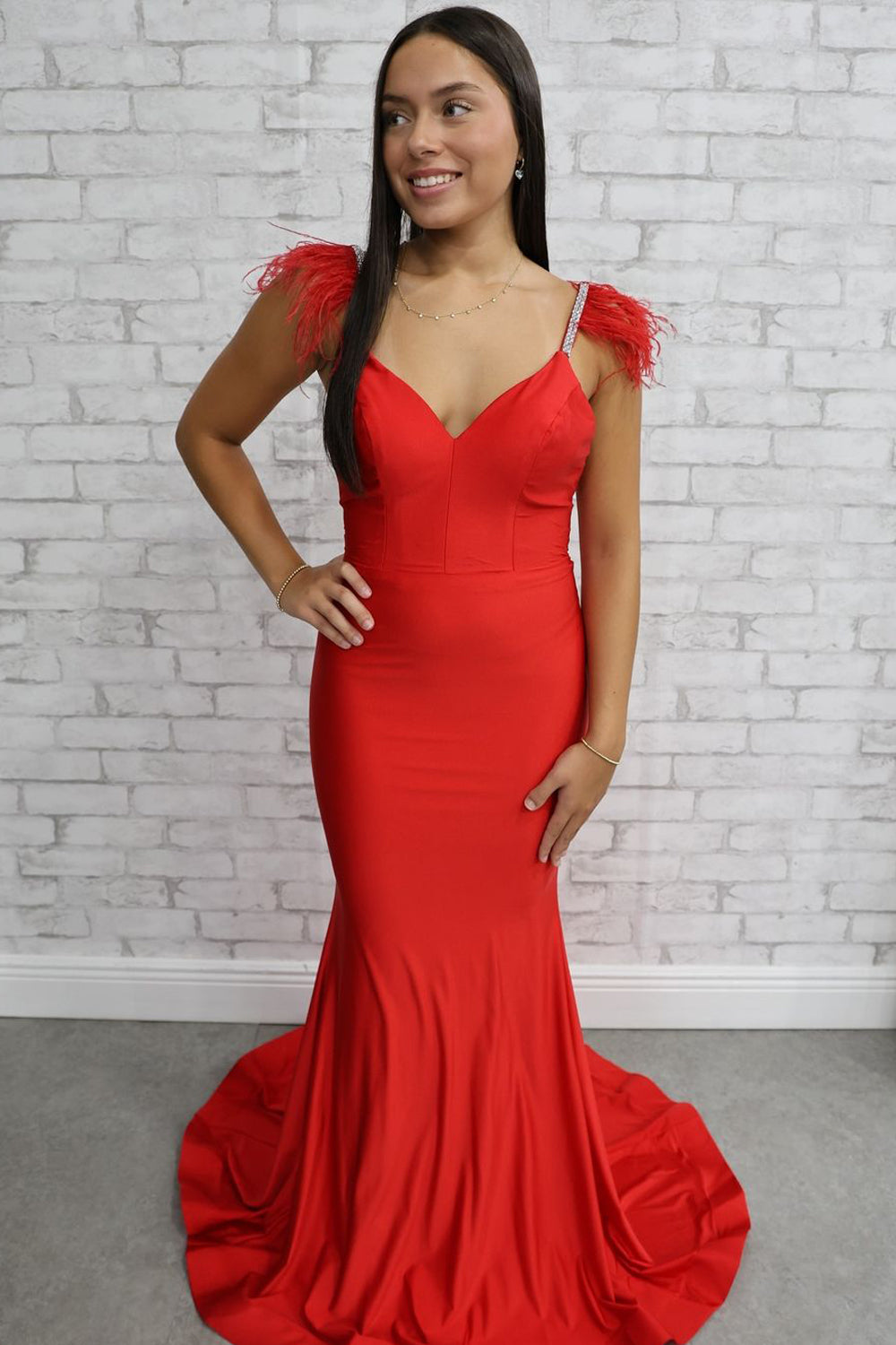 Charming Mermaid V Neck Red Satin Long Prom Dresses with Beading AB24110406