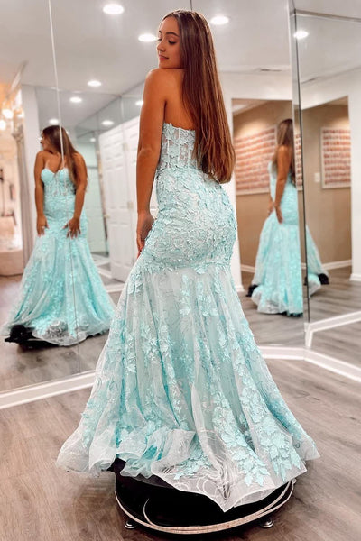 Cute Mermaid Sweetheart Mint Tulle Lace Long Prom Dresses with Appliques AB24112601