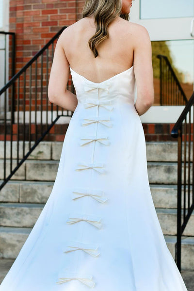 Fairy Sheath Strapless White Satin Bridal Dresses with Bow AB24112119