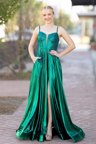 Cute A Line V Neck Dark Green Satin Long Prom Dresses with Beading