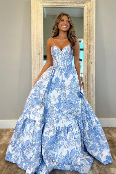 Cute A Line Sweetheart Light Blue Jacquard Satin Prom Dress AB24120305