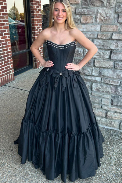 Ball Gown Scoop Neck Black Satin Long Prom Dresses with Beading AB24101407