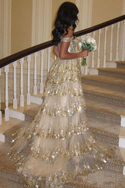 Sparkly Ball Gown Sweetheart Gold Sequins Long Prom Dresses AB24070302