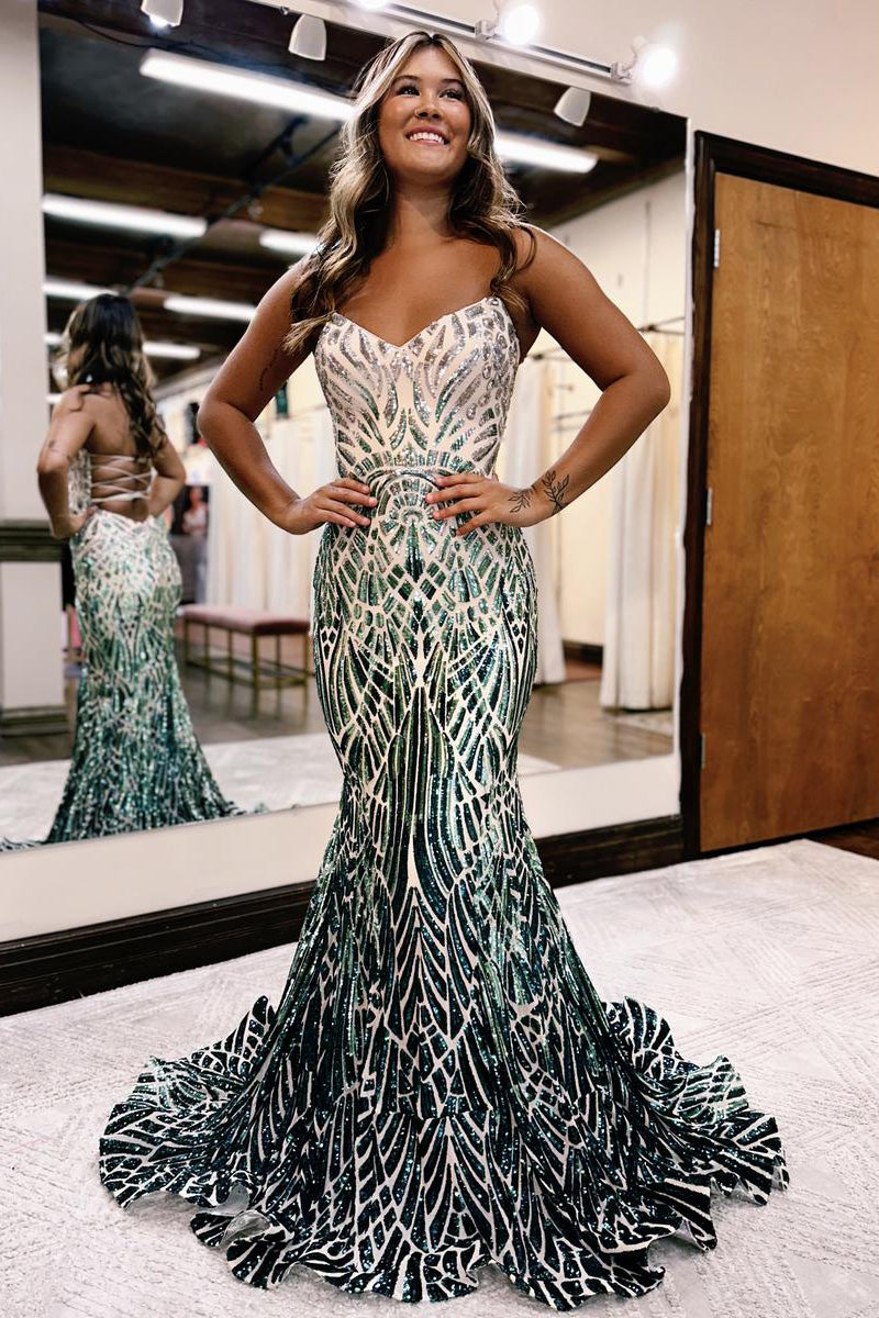 Charming Mermaid V Neck Gradient Grey Green Sequins Long Prom Dress AB4010901