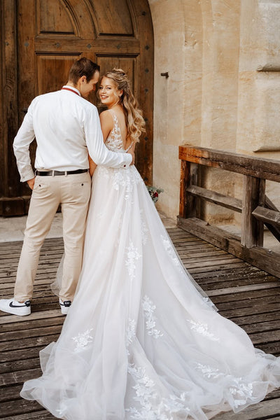 Fairy A Line V Neck White Tulle Long Wedding Dress with Appliques AB24121810