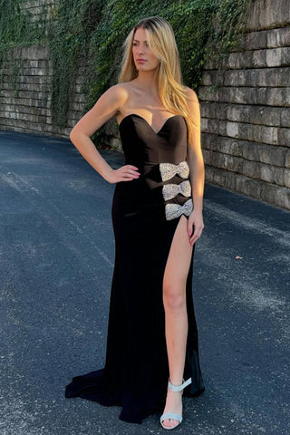 Cute Mermaid Sweetheart Black Elastic Satin Prom Dresses with Beading Bow AB24112813