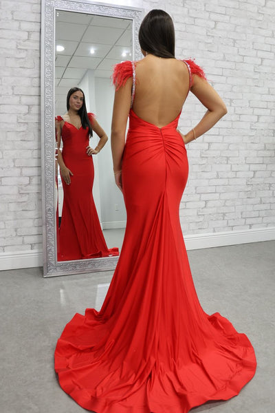 Charming Mermaid V Neck Red Satin Long Prom Dresses with Beading AB24110406