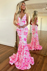 Cute Mermaid V Neck Pink White Sequins Lace Long Prom Dresses AB24112104