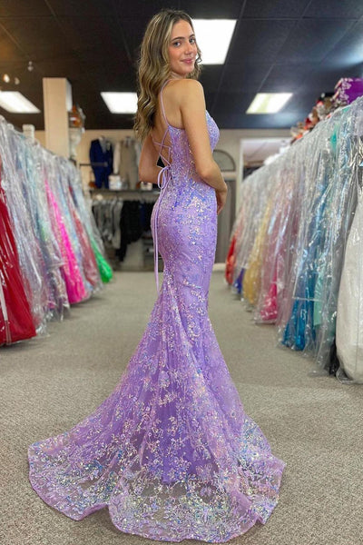 Charming Mermaid Lilac V Neck Sequins Long Prom Dress AB4032503