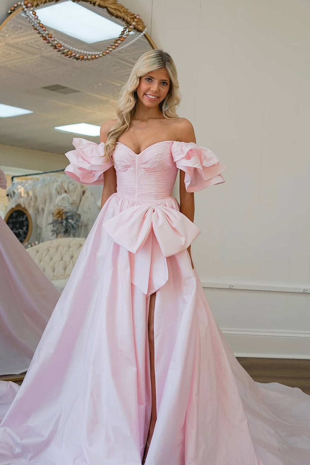 Cute Ball Gown Off the Shoulder Pink Satin Prom Dress with Bow AB24122407