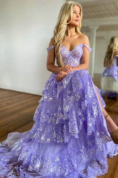 Fashion Ball Gown Off the Shoulder Light Blue Tiered Prom Dresses with Slit AB24091302