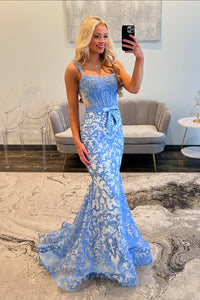 Gorgeous Mermaid Scoop Neck Blue Lace Prom Dress AB24121405