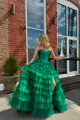 Cute A Line Sweetheart Green Tulle Tiered Long Prom Dresses with Slit AB24092602