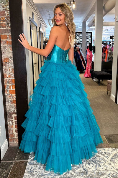 Princess Sweetheart Blue Tiered Tulle Long Prom Dresses AB4022903