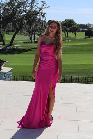 Sheath Strapless Fuchsia Silk Satin Long Prom Dress AB24122609