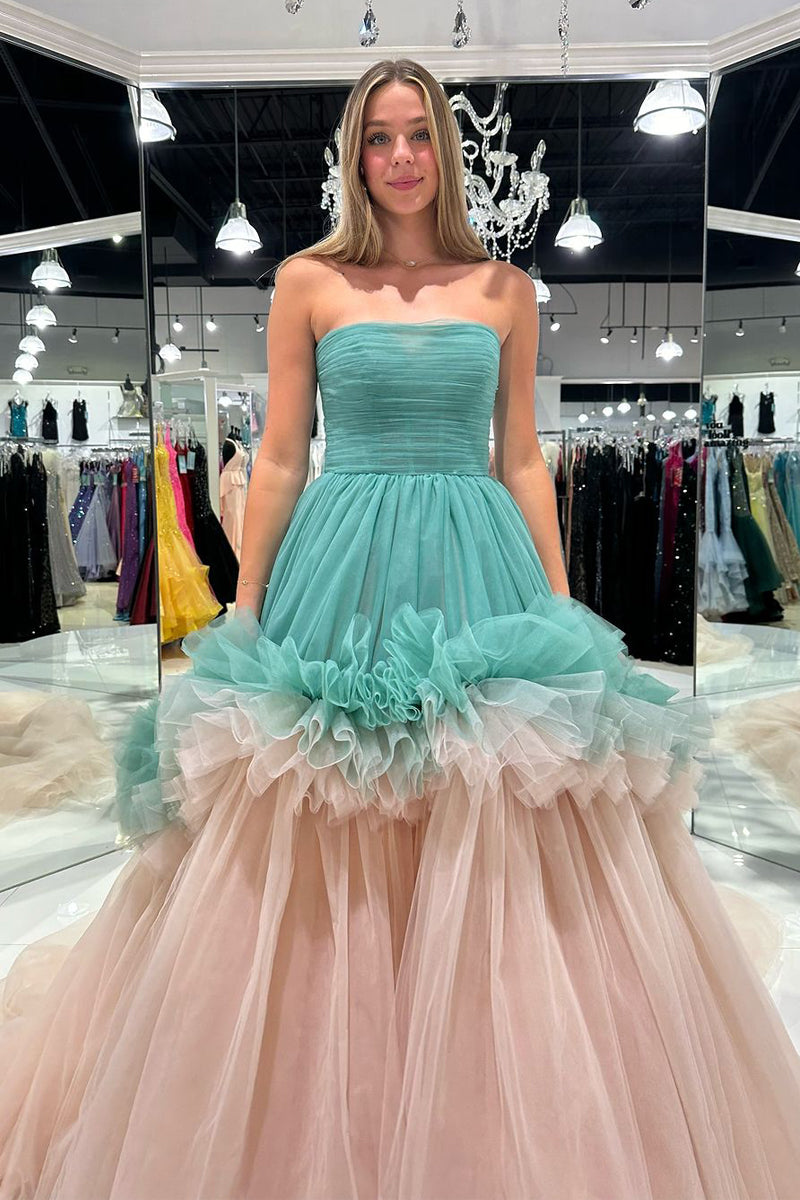 Chic A-Line Strapless Ruffle Tiered Tulle Long Prom Dress AB4053003