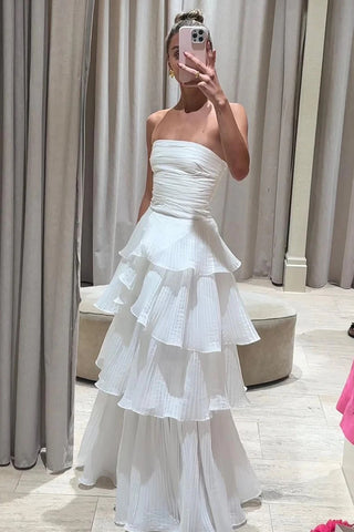 Charmig Sheath Strapless Organza Satin Long Prom Dresses Wedding Dresses AB24062601