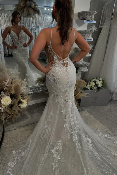 Fashion Mermaid V Neck Lace Bridal Dresses with Appliques