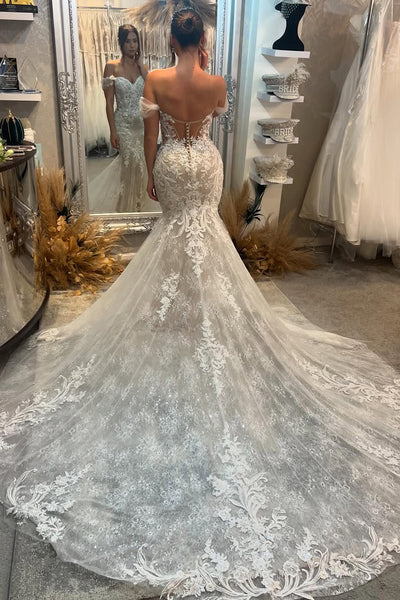 Romantic Mermaid Off the Shoulder Lace Tulle Wedding Dresses with Appliques AB24120915