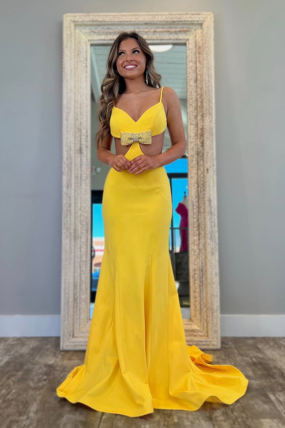 Cute Mermaid V Neck Yellow Elastic Satin Prom Dress with Bow AB25030202