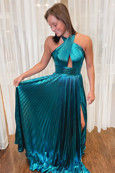 Cute A Line Halter Peacock Blue Metallic Satin Prom Dress with Slit AB2530204