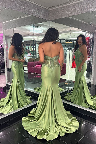 Charming Mermaid V Neck Green Satin Long Prom Dresses with Appliques AB24112213