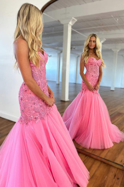 Cute Mermaid Strapless Pink Tulle Prom Dress with Appliques AB4032404