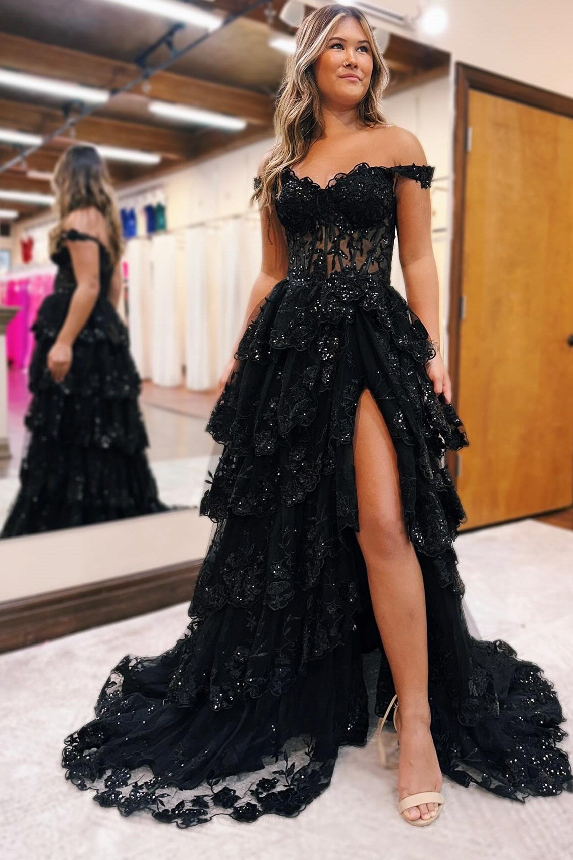 Gorgeous A Line Off-the-Shoulder Black Ruffle Tulle Long Prom Dress