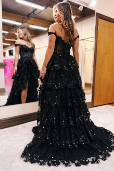 Gorgeous A Line Off-the-Shoulder Black Ruffle Tulle Long Prom Dress