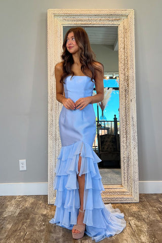 Fairy Cute Sheath Strapless Light Blue Tiered Prom Dresses with Slit AB24102601