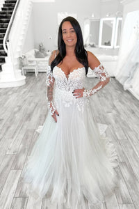 Fairy A Line V Neck Tulle Wedding Dresses with Appliques AB24121702