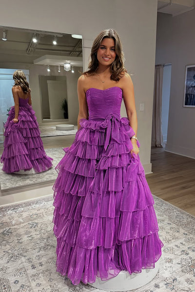 Cute Ball Gown Strapless Purple Long Tiered Prom Dress AB24121801