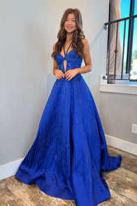 Cute A Line Keyhole V Neck Royal Blue Satin Prom Dresses with Beading AB24103104