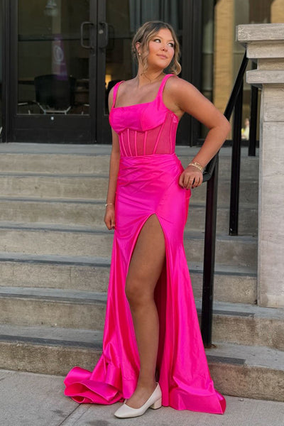 Charming Mermaid Square Neck Satin Fuchsia Long Prom Dresses with Slit AB24112211