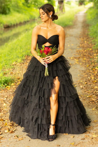 Fairy A Line V Neck Tulle Black Prom Dresses AB24102416