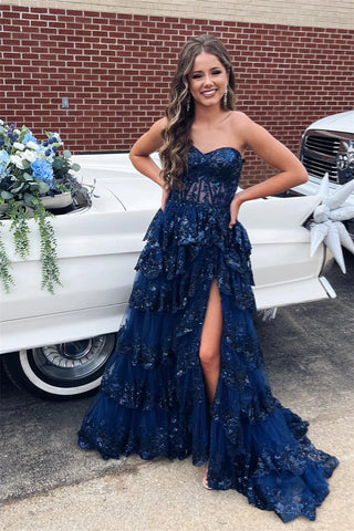 Gorgeous A Line Off the Shoulder Navy Sequins Long Prom Dress with Appliques AB24122607