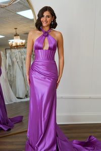 Charming Mermaid Halter Light Purple Satin Long Prom Dresses with Bow AB24120611