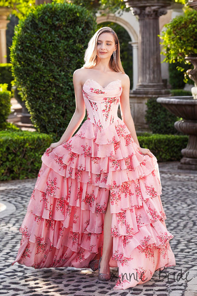 Fairy A Line Sweetheart Floral Printed Chiffon Tiered Long Prom Dress with Slit AB24122709