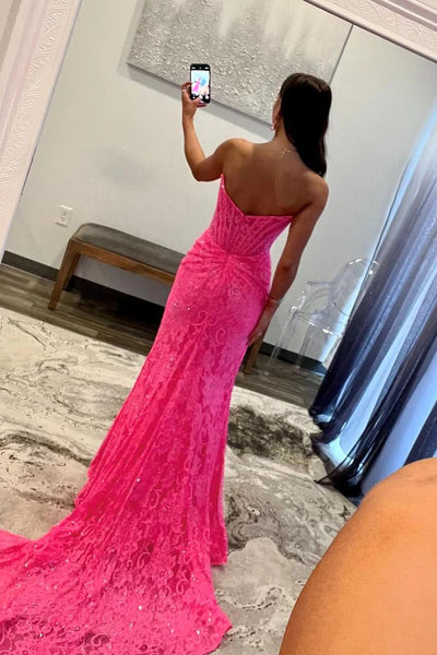 Cute Mermaid Scoop Neck Pink Lace Long Prom Dresses with Slit AB24112106