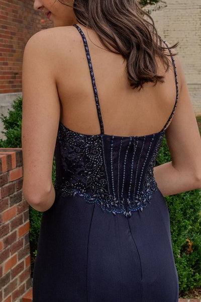 Charming Mermaid Sweetheart Navy Blue Satin Long Prom Dresses with Beading AB24112112