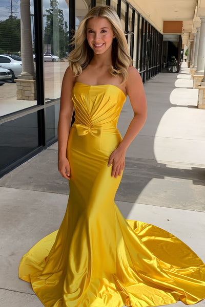 Cute Mermaid Strapless Gold Satin Long Prom Dresses with Bow AB24112606